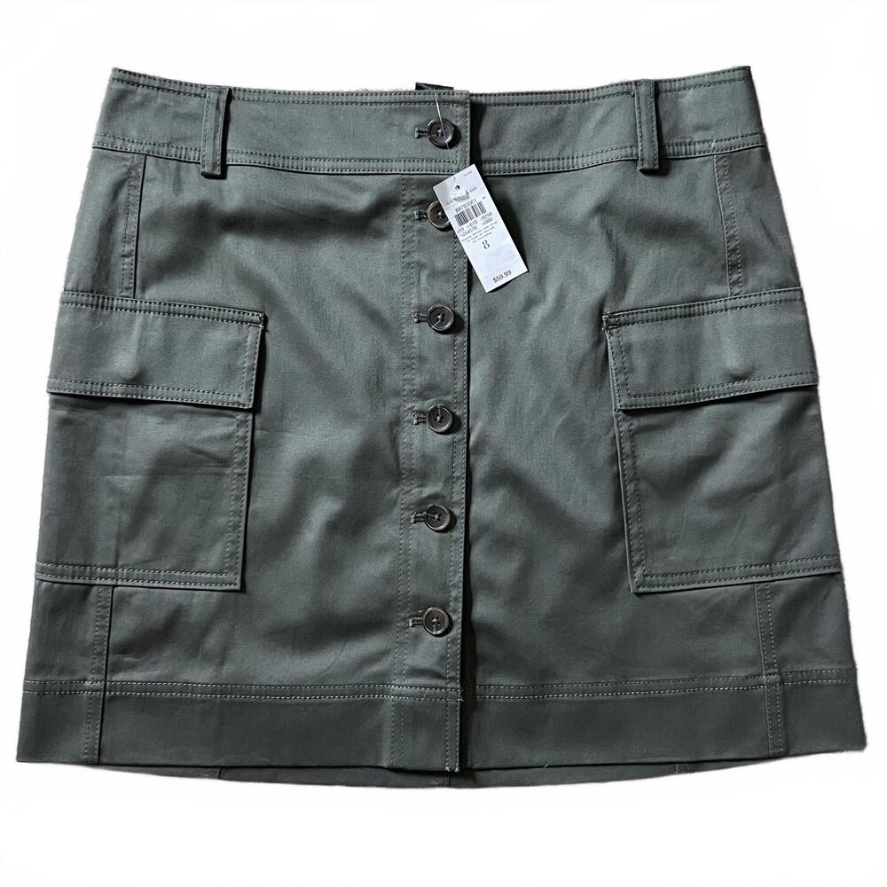 Ann Taylor Green A-Line Cargo Mini Skirt Button Front Cotton Stretch Size 8 NWT